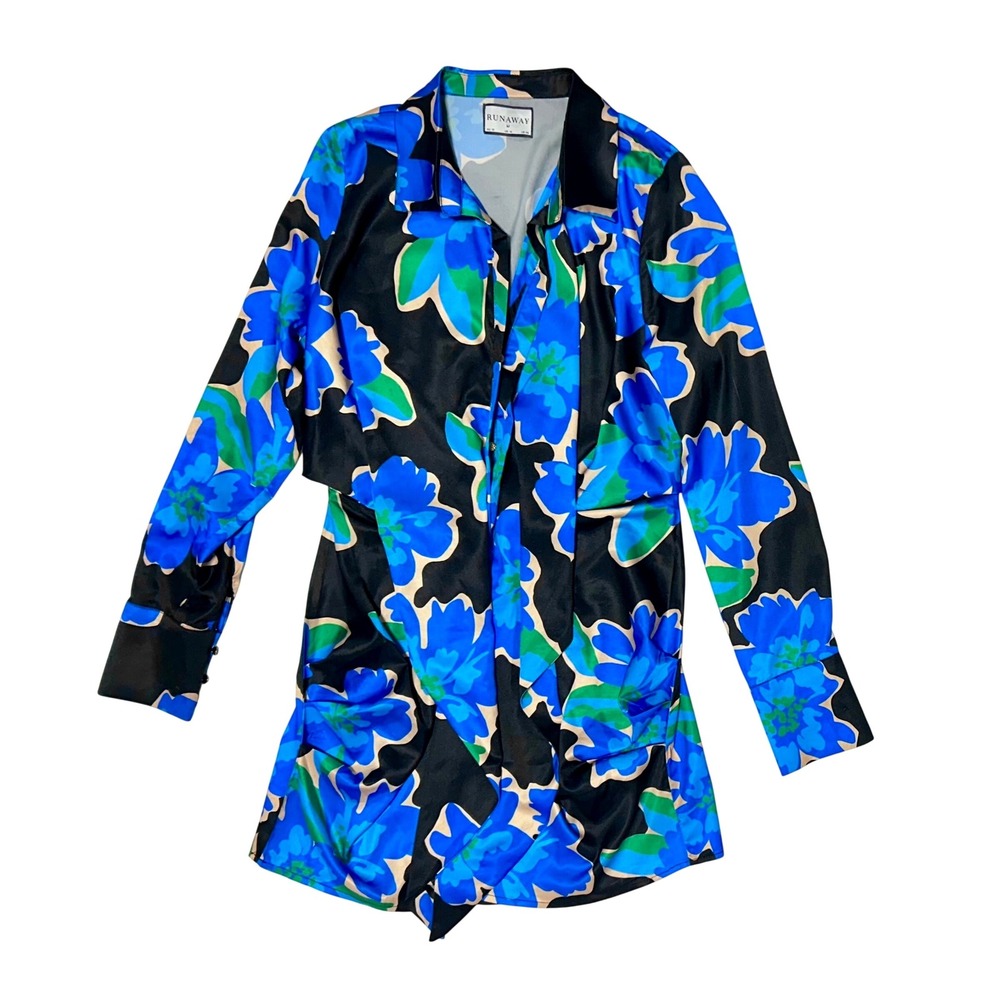 Runaway The Label Blue Floral Satin Long Sleeve Mini Dress US 6 M Black Blue